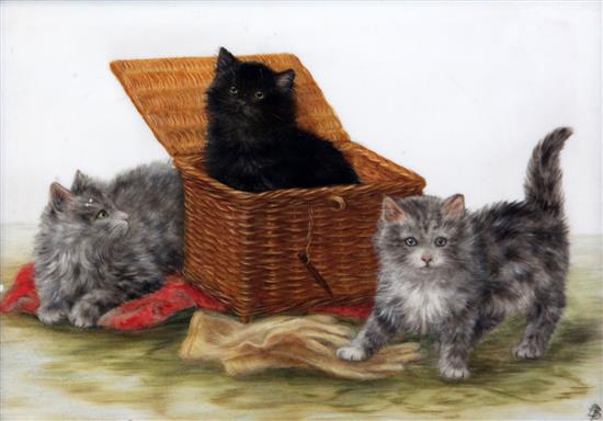 Bessie Bamber (fl.1900-1910) Kittens beside a basket, 6.5 x 9.5in.